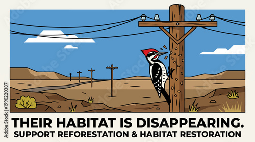 Woodpecker perched on utility pole with text about habitat loss.