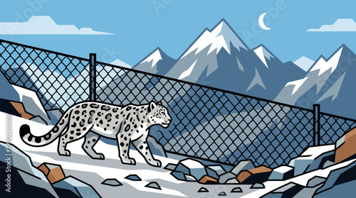 Snow leopard walking in a snowy mountain enclosure.