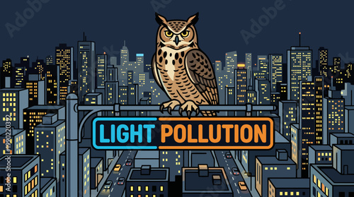 Owl perched on sign in city with light pollution.
