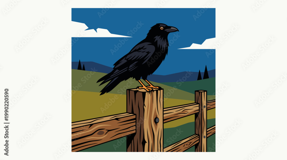Fototapeta premium A solitary black crow perched on a wooden fence post.