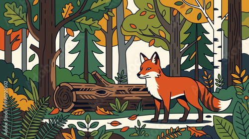 A stylized fox stands in a colorful forest clearing.