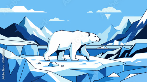 Polar Bear Walking on Ice Floe Arctic Landscape.