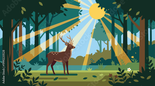 Majestic deer stands in a sunlit forest clearing surrounded by trees.