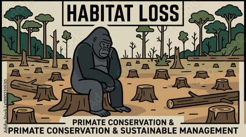 Sad gorilla sits on tree stump in deforested area with habitat loss text.
