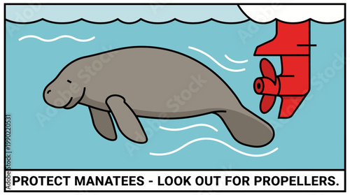 Manatee swimming near boat propeller danger warning.
