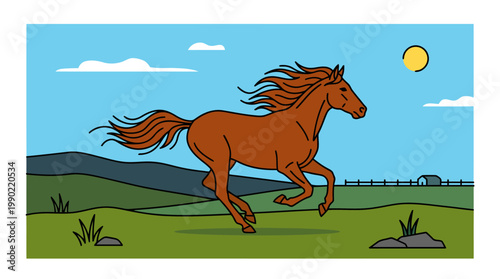 Brown Horse Galloping Freely Across a Grassy Field.