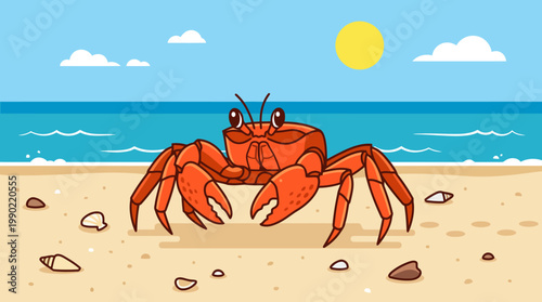 Cartoon Red Crab on Sandy Beach by the Ocean.