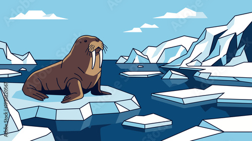 Walrus resting on an ice floe in arctic waters.