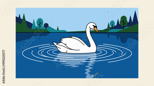 Elegant white swan glides across a calm blue lake creating ripples.