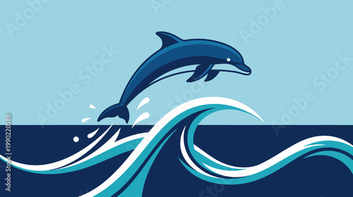 Dolphin leaping out of ocean waves illustration.