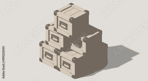 Stack of isometric beige storage crates with dark corner protectors and handles casting a shadow on a plain surface illustration