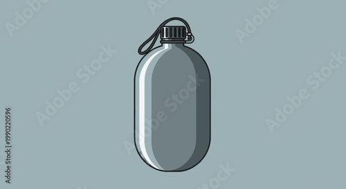 Stainless steel water bottle illustration in minimalist style gray flask with screw top and holding loop simple clean design on soft gray backdrop