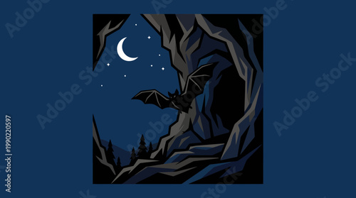 Bat flying out of cave at night under crescent moon and stars.