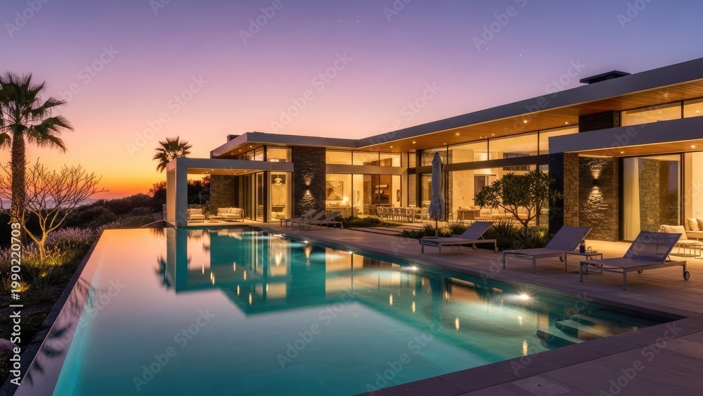 Fototapeta premium A modern house with a large swimming pool at sunset