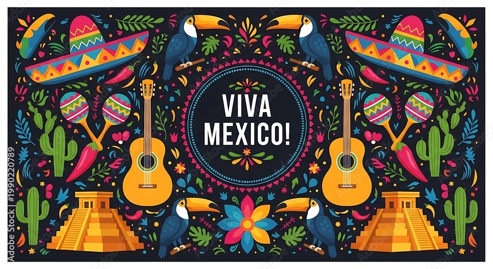 Obraz premium Viva Mexico celebratory illustration with toucans guitar pyramids and traditional cultural elements for festive banner design