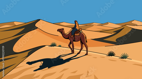 Person riding a camel across sand dunes in the desert.