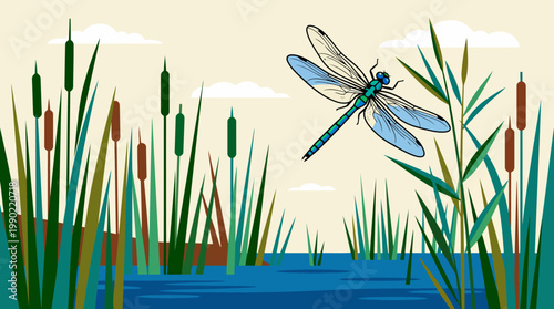 Dragonfly hovering over a marsh with reeds and water.