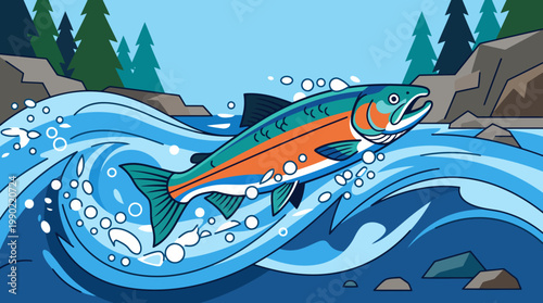 Salmon leaping upstream through rushing water in a river.