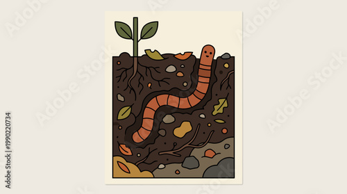 Illustration of a happy earthworm in soil with a plant growing.
