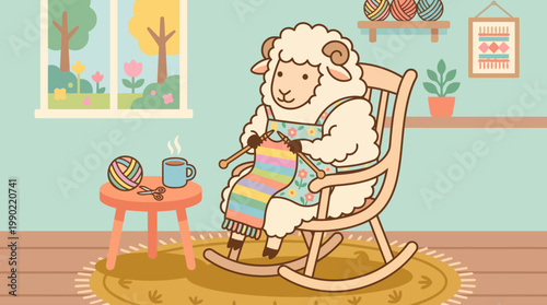 Cute sheep knitting a colorful scarf while sitting in a rocking chair.