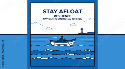 Person rowing boat on choppy water towards lighthouse.