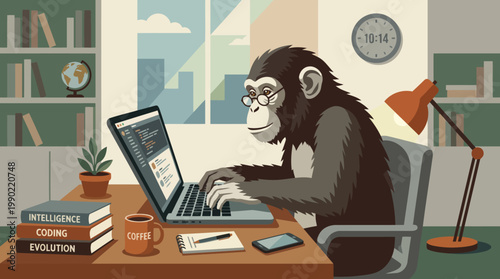 Monkey wearing glasses typing on a laptop computer at a desk.