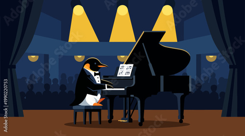 Penguin playing grand piano on stage with spotlights.