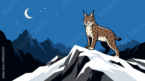 Lynx standing on a snowy mountain peak at night.