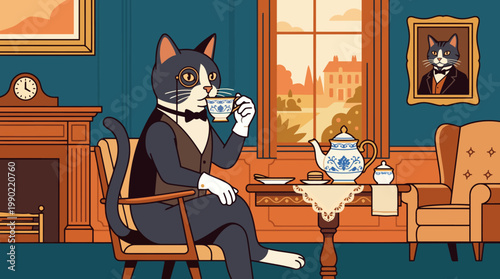Anthropomorphic Cat Dressed in Formal Attire Enjoys Tea Time.