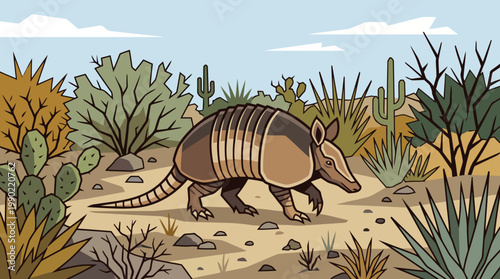 Armadillo Walking Through Desert Landscape Illustration.