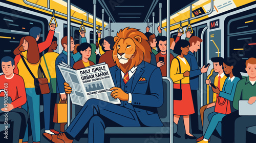 Lion man in suit reading newspaper on crowded subway train.
