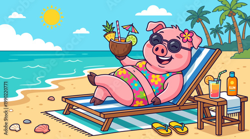 Happy pig relaxing on a beach chair with a cocktail.