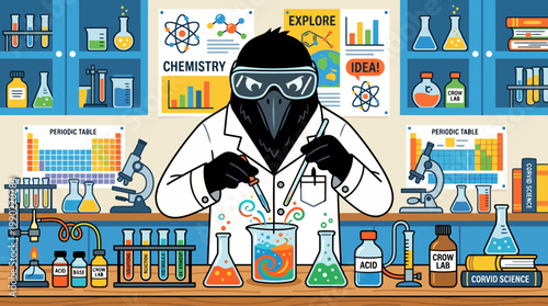 Raven scientist in lab coat conducts experiment with beakers and test tubes.
