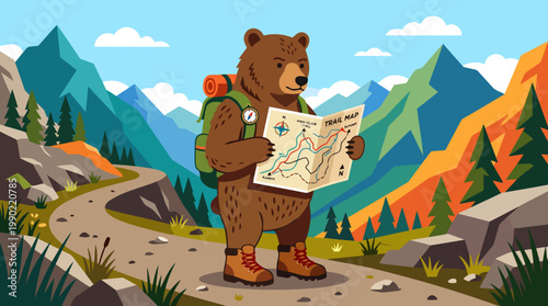 Bear hiker with backpack reading a map on a mountain trail.