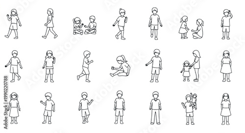 Minimalist line art children silhouettes, set of 21 vector outline kids in various poses, architectural scale figures for site plans and sections
