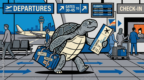 Turtle with luggage and ticket at airport departure gate.