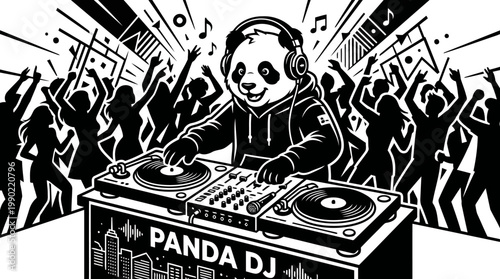 Panda DJ playing music at a lively party.