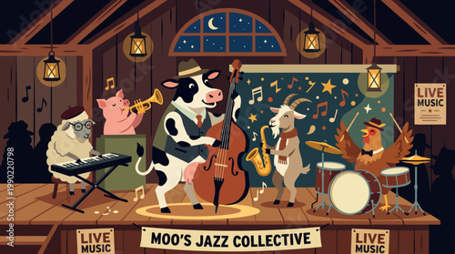 Farm animals playing jazz music on a stage.