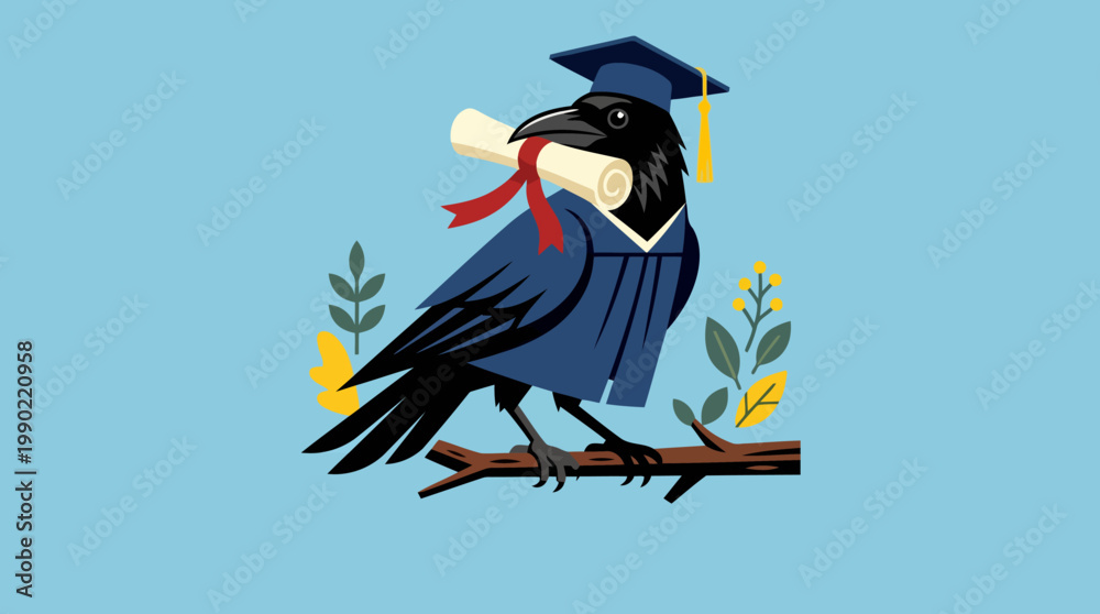Fototapeta premium Intelligent Crow Wearing Graduation Cap and Gown Holding Diploma.