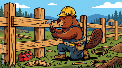 Beaver construction worker building a wooden fence.