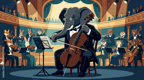 Elephant playing cello in a symphony orchestra.