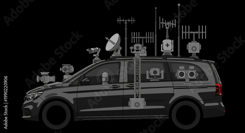 Surveillance van equipped with multiple antennas and cameras against a black background in a cutout illustration style for security monitoring