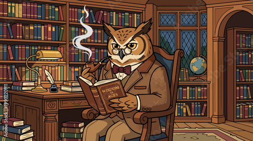 Wise Owl Scholar Reading Book in Library.