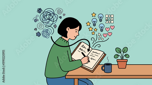 Young woman writing in a journal with thoughts and ideas flowing.