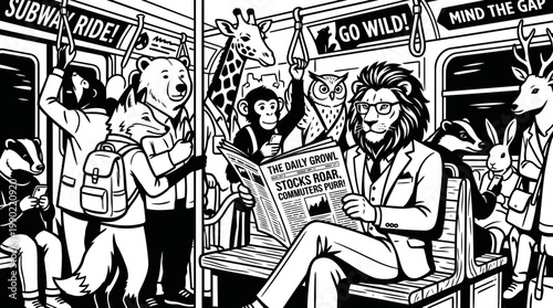 Animals commuting on a subway train reading newspapers.