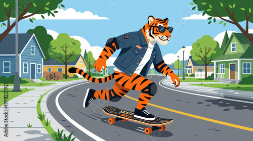 Tiger character wearing sunglasses and denim jacket skateboarding down a suburban street.