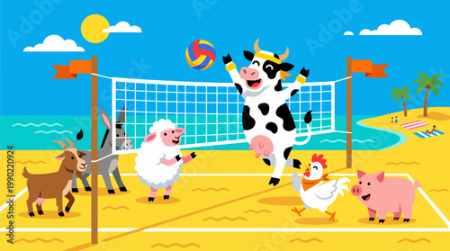 Farm Animals Playing Volleyball on a Sandy Beach.