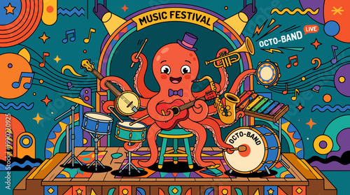 Octopus playing guitar and saxophone at music festival.