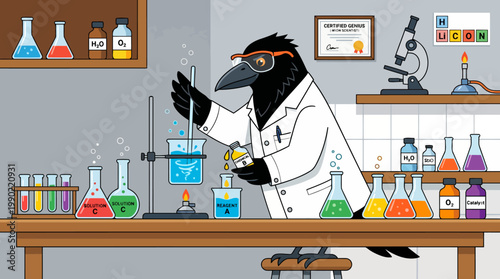 Cartoon crow scientist in lab coat conducting experiment.