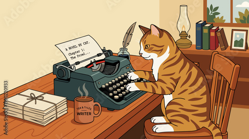 Cat typing on vintage typewriter writing a story.